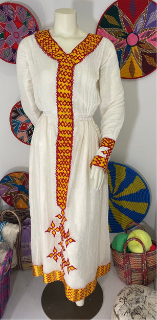 Habesha Dress with Red and Yellow Tilet (የሐገር ልብስ) “Agazy”