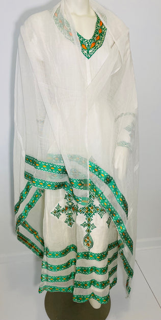 Habesha Dress with Green and Orange Tilet (የሐገር ልብስ) “Rahel”