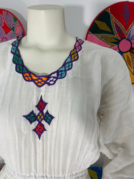 Habesha Dress with Purple Tilet (ሐገር ልብስ) “Helen”