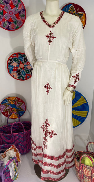 Traditional Habesha Dress with Burgundy Tilet  (የሐገር ልብስ) “Beliyou”