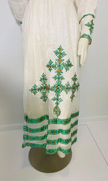 Habesha Dress with Green and Orange Tilet (የሐገር ልብስ) “Rahel”