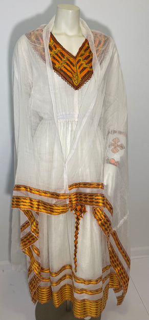 Habesha Dress with Brown and Orange Tilet  (የሐገር ልብስ) “Melat”