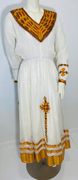 Habesha Dress with Brown and Orange Tilet  (የሐገር ልብስ) “Melat”