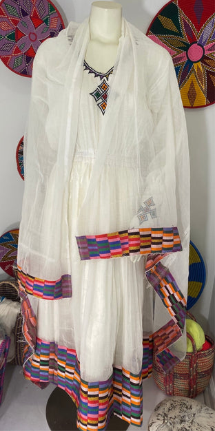 Habesha Dress with Multi Color Tilet (ሐገር ልብስ) “Tigest”