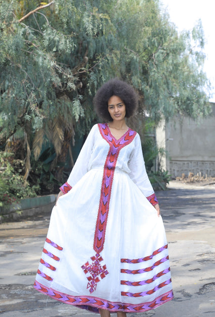 Habesha dress with red and purple tilet “Chaltu”