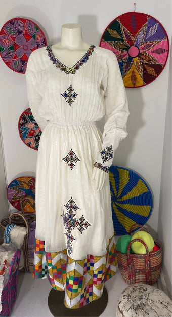 Habesha Dress with Multi Color Tilet (ሐገር ልብስ) “Hiwot”