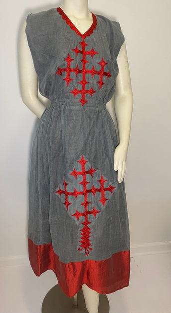 Habesha Dress with Grey menen and red Tilet  (የሐገር ልብስ)  “Mekdes”