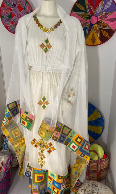 Habesha Dress with Yellow Tilet (የሐገር ልብስ) “Tsega”