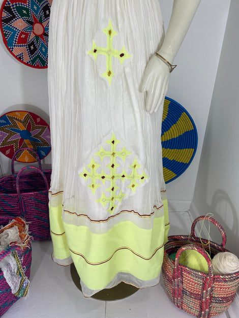 Habesha Dress with Neon Yellow Tilet  (የሐገር ልብስ)”Mame”