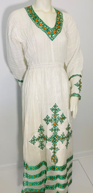 Habesha Dress with Green and Orange Tilet (የሐገር ልብስ) “Rahel”