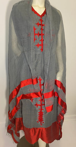 Habesha Dress with Grey menen and red Tilet  (የሐገር ልብስ)  “Mekdes”