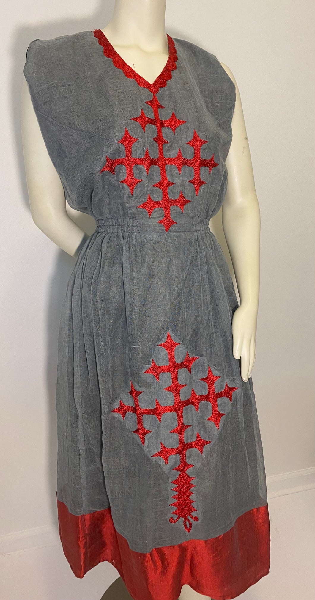 Habesha Dress with Grey menen and red Tilet  (የሐገር ልብስ)  “Mekdes”