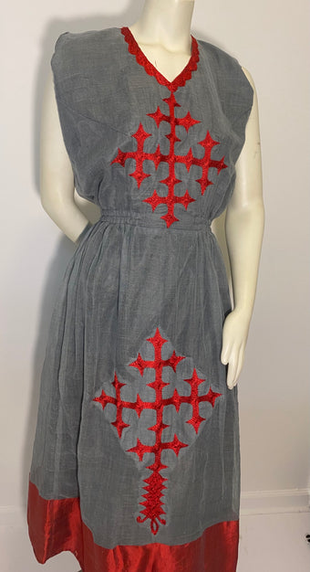 Habesha Dress with Grey menen and red Tilet  (የሐገር ልብስ)  “Mekdes”