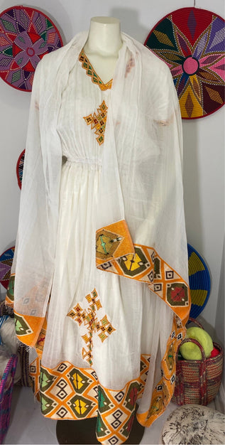 Habesha Kemis  with Multi Colored Tilet(ሐገር ልብስ) “Birtukan”