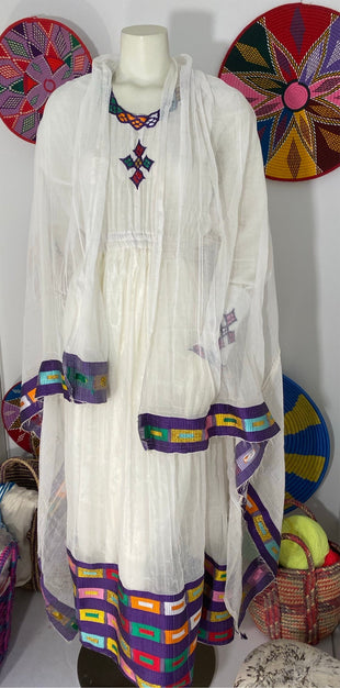 Habesha Dress with Purple Tilet (ሐገር ልብስ) “Helen”