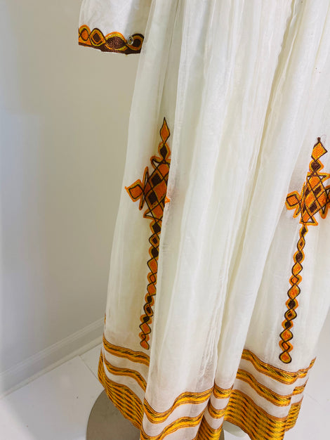 Habesha Dress with Brown and Orange Tilet  (የሐገር ልብስ) “Melat”