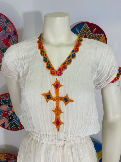 Habesha Dress with Orange Tilet  (የሐገር ልብስ) “Delina”