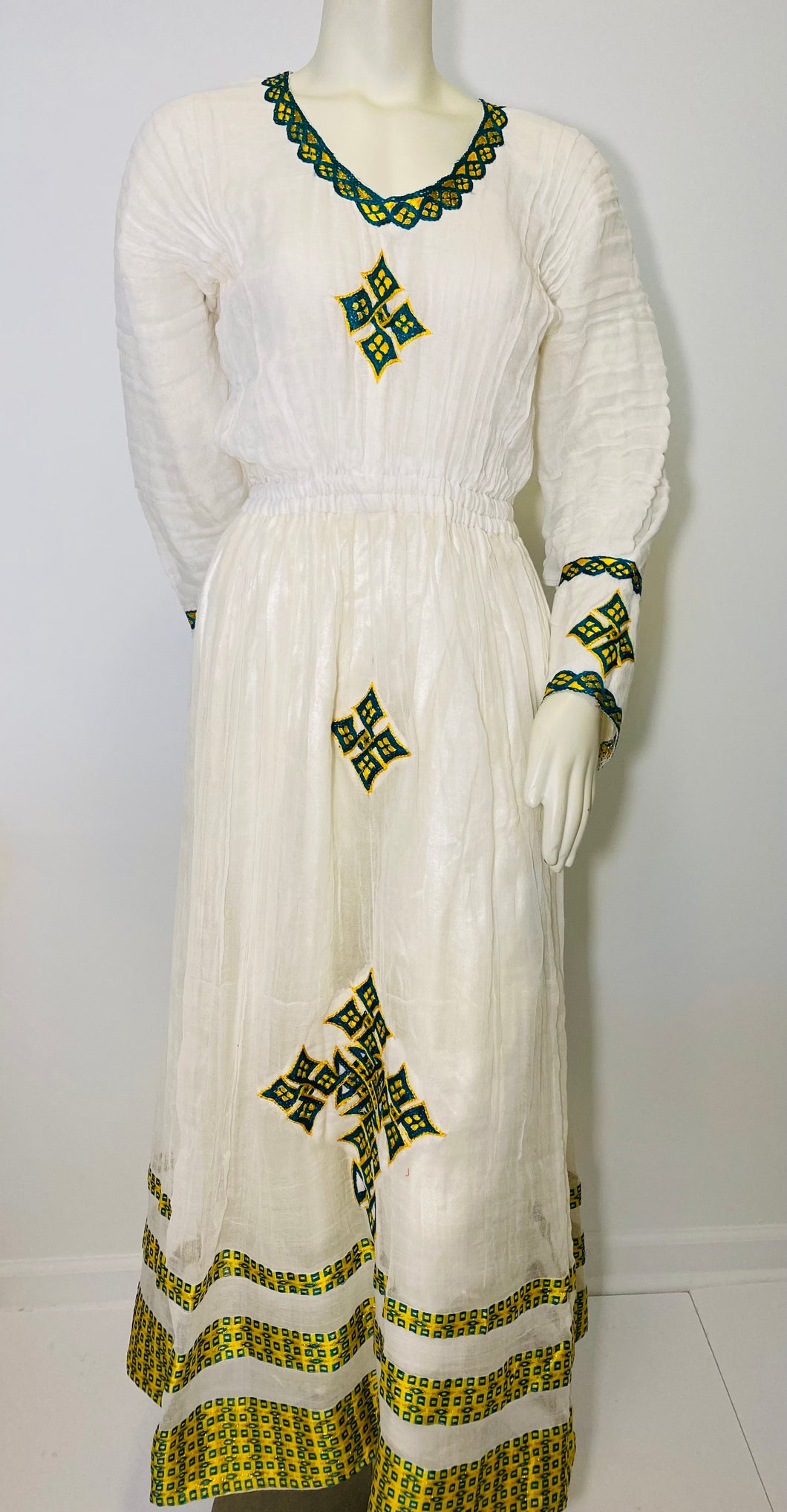 Habesha Dress with Green and Yellow Tilet  (የሐገር ልብስ) “Tarik”