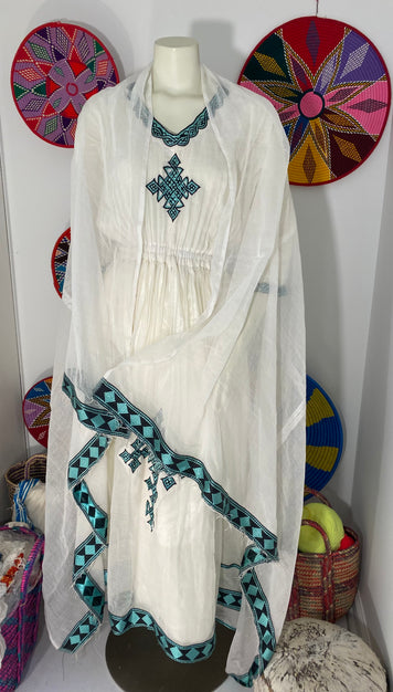 Habesha Dress with Blue Tilet (የሐገር ልብስ) 