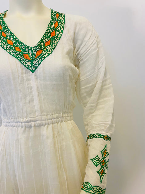 Habesha Dress with Green and Orange Tilet (የሐገር ልብስ) “Rahel”