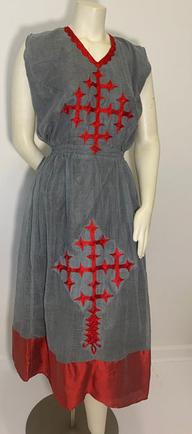 Habesha Dress with Grey menen and red Tilet  (የሐገር ልብስ)  “Mekdes”