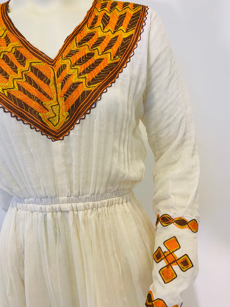 Habesha Dress with Brown and Orange Tilet  (የሐገር ልብስ) “Melat”