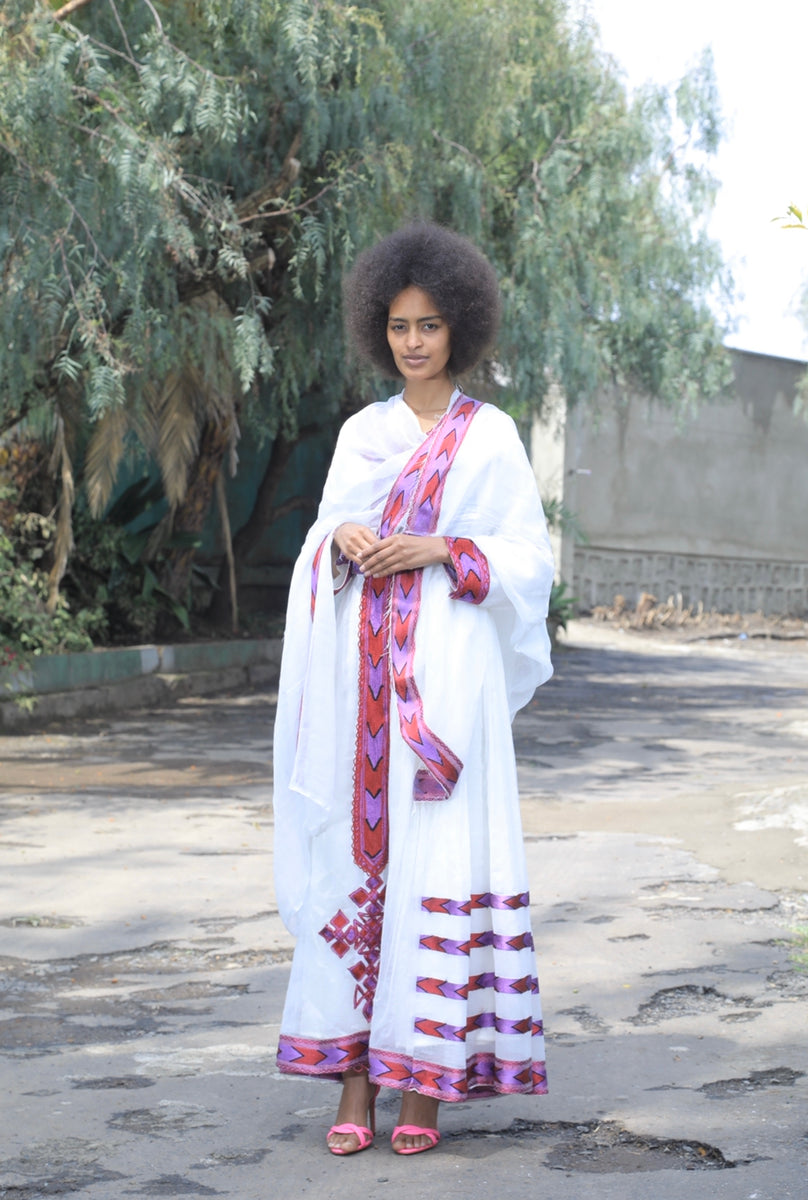 Habesha dress with red and purple tilet “Chaltu”