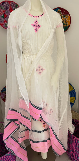 HABESHA DRESS with Pink tilet habesha kemis  (የሐገር ልብስ) “Roman”