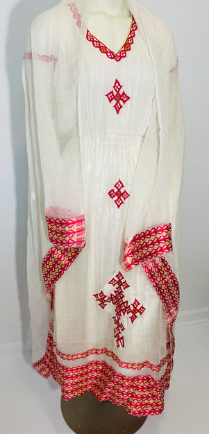 Habesha Dress with Pink and Gold Tilet