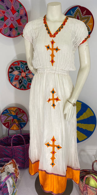 Habesha Dress with Orange Tilet  (የሐገር ልብስ) “Delina”