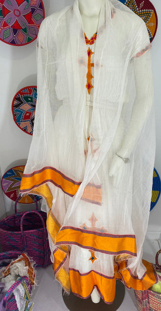 Habesha Dress with Orange Tilet  (የሐገር ልብስ) “Delina”